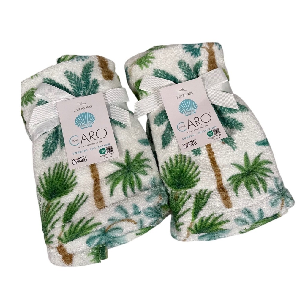 Caro Home Coastal Collection Palm Tree Tip Towels Set of 4 White Green New